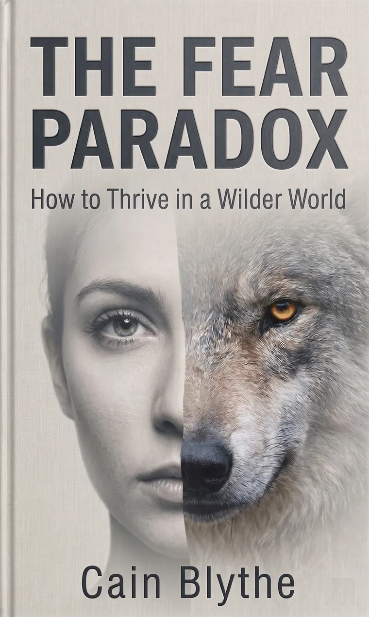 The Fear Paradox book cover: split image of a woman and a wolf
